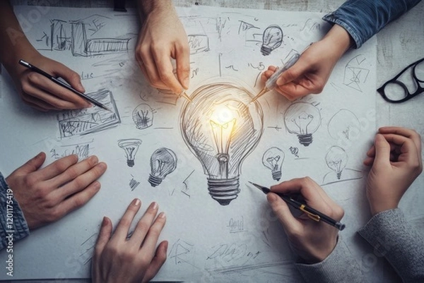 Fototapeta Graphic designer development process drawing sketch design creative Ideas draft Logo product trademark label brand artwork. Graphic designer studio Concept., Generative AI