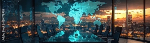Fototapeta A futuristic office with a digital world map, overlooking a city skyline at sunset, showcasing technology and global connectivity.