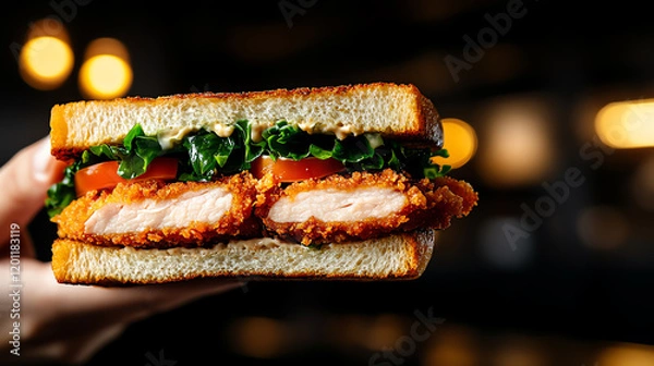 Fototapeta Japanese Katsu Sando breaded pork cutlet sandwich, served in a minimalist cafe with elegant plating, [Asian snacks, refined artistry]