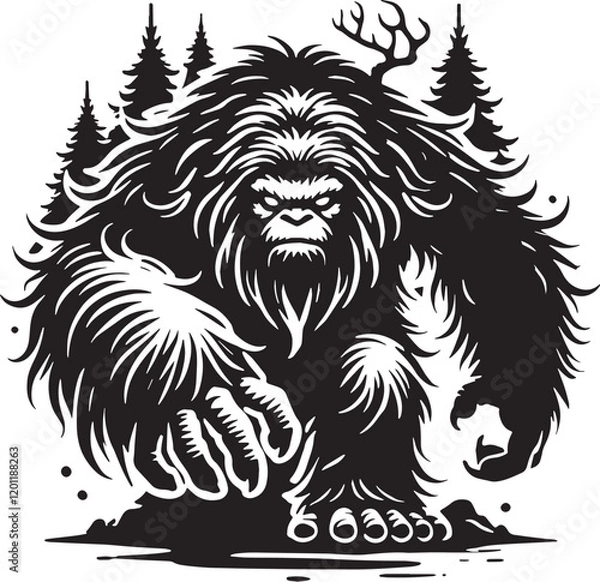 Fototapeta Black Color Mythic Creature Yeti Silhouette Vector Illustration, Solid White Background