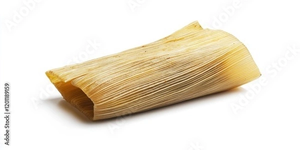 Fototapeta Tamale made with corn husk showcasing textures in natural beige and light yellow colors against a clean white background with space for text