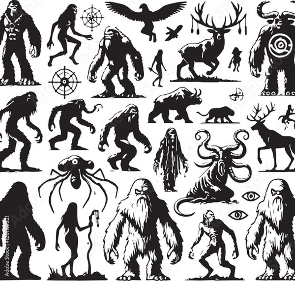 Fototapeta Black Color Mythic Creature Yeti Silhouette Vector Illustration, Solid White Background