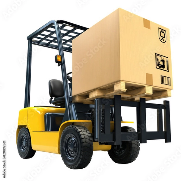 Fototapeta Isolated Yellow Forklift with Box on Pallet