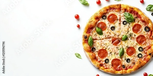 Fototapeta Delicious pepperoni pizza topped with fresh basil and olives arranged on a white background with cherry tomatoes providing ample copy space.