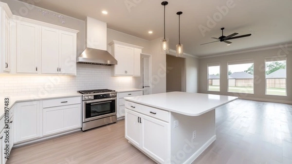 Fototapeta Modern kitchen with white cabinetry and an open layout.