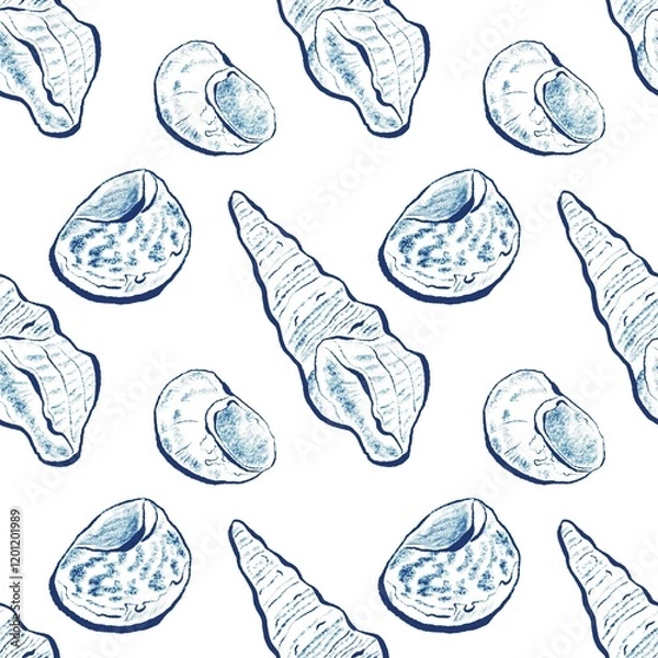 Fototapeta Seashell seamless pattern different cockle shells and seashells blue line sketch with white background