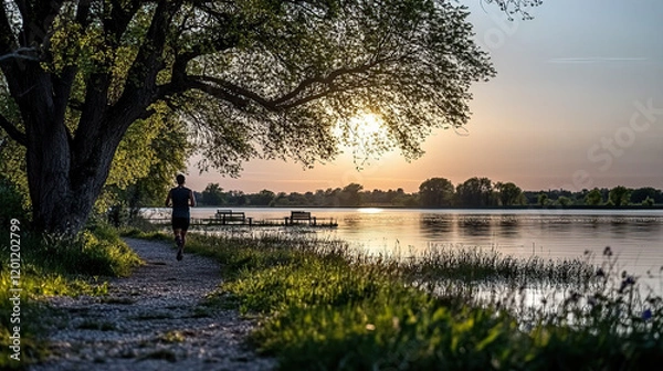 Obraz Man runs on a path near a lake at sunset with trees and benches along the shore