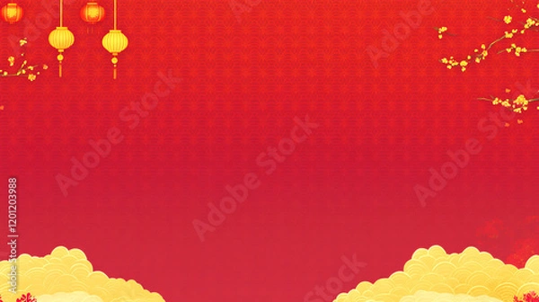 Fototapeta Chinese new year red background design with glowing red lanterns hanging in tree branches with golden blooming flowers