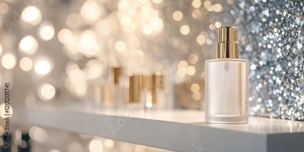 Obraz Elegant luxury cosmetic spray bottle on white shelf with soft focus sparkly silver and gold bokeh in background creating a sophisticated ambiance