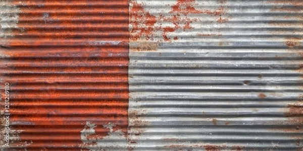 Obraz Textured grunge corrugated iron metal plate with silver and red rust accents background featuring horizontal lines and uneven surface details