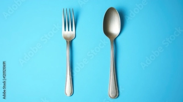 Fototapeta Spoon and fork set arranged over a gradient blue background for a calm, tranquil vibe in dining setups