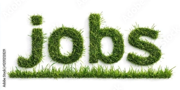 Obraz Green grass letters spelling jobs on white background with darker green grass blades below creating a fresh and eco-friendly feel for green jobs