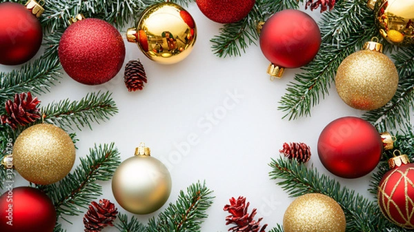 Fototapeta A festive arrangement of Christmas ornaments in red, gold, and sparkling finishes, surrounded by evergreen branches and pinecones on a white background.