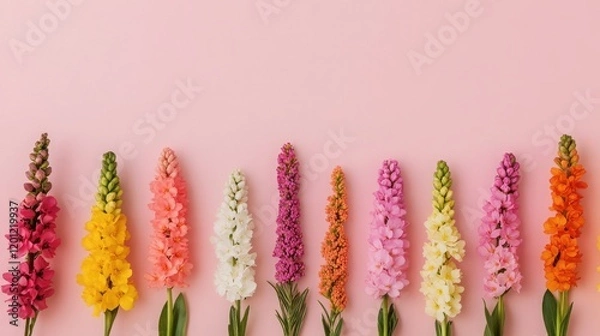 Fototapeta Vibrant snapdragon flowers in various colors arranged neatly against a soft pink background for a cheerful and fresh ambiance.