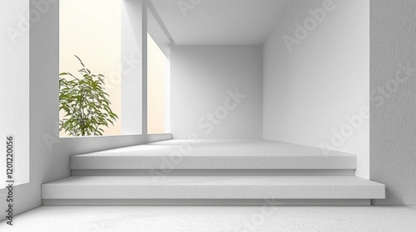 Fototapeta Minimalist white architecture with stairs and a tree visible through a window.