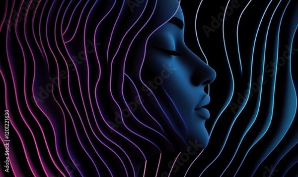 Fototapeta Abstract profile of a woman with flowing lines in vibrant colors, showcasing a blend of blue and purple hues against a dark background