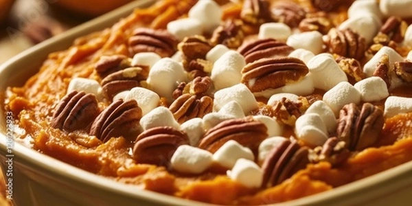 Fototapeta A delicious sweet potato casserole topped with marshmallows and pecans