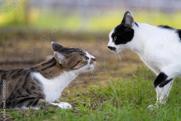 Fototapeta 公園で見つめ合うベンガル猫みたいな模様の野良猫とぶち猫柄の子猫っぽい野良猫