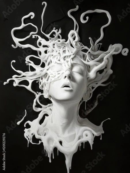 Fototapeta Face enveloped in swirling, tentacle-like fluid patterns.