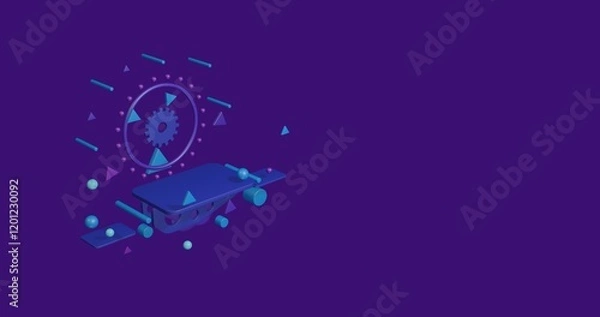 Fototapeta Pedestal of abstract geometric shapes floating in the air. Abstract concept art with flying shapes on the left. 3d illustration on deep purple background
