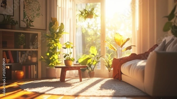 Fototapeta Sunlit living room with potted plants, a cozy sofa, and wooden furniture creating a warm, inviting atmosphere
