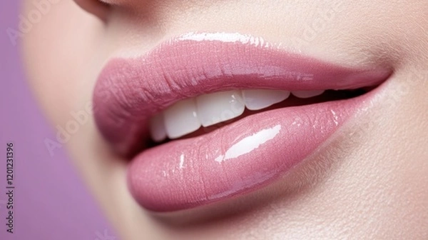 Obraz Charming glossy pink lips close-up with bright teeth.