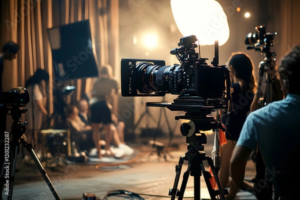 Obraz Movie production team working on set with camera equipment and director of photography capturing the perfect scene illustration