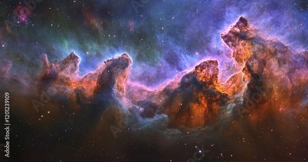 Fototapeta Cosmic cliffs and celestial mountains in a vibrant nebula, showcasing interstellar gas and dust formations.