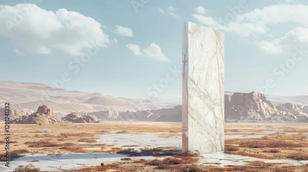 Fototapeta a realistic high-detail photo in 4K of a tall white marble door standing in the middle of a desert