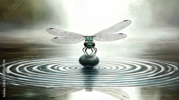 Fototapeta Dragonfly standing on a pebble creating ripples in the water