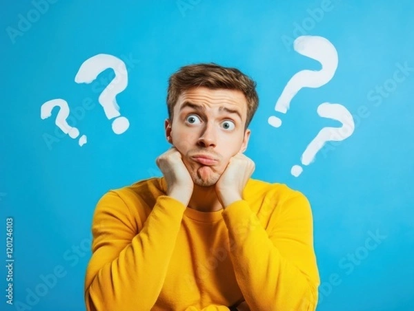 Obraz Young man looking bewildered with question marks on a bright blue background