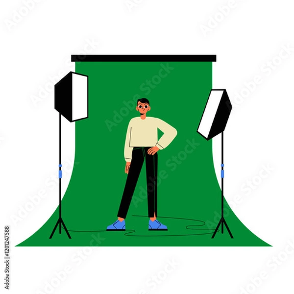 Fototapeta Male Model Standing On Photo Studio Set In Flat Vector Illustration Symbolizing Photography, Fashion Shoots, And Modeling, Isolated On White Background