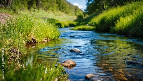 Fototapeta A scenic stream flows through the green forest, reflecting the sky and trees