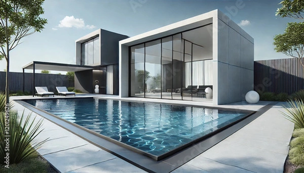 Fototapeta A large house with a pool and a patio. The pool is surrounded by a black border. There are several chairs and a vase on the patio