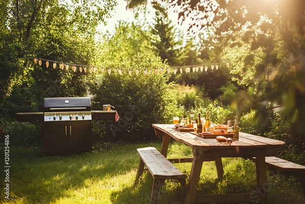 Obraz Festive backyard party scene with a grill, wooden table, and lush greenery in a sunny summer garden
