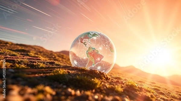 Fototapeta Transparent globe rolling over the earth. Environmental concept