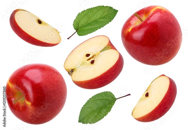 Fototapeta red apple (Envy Apple), half, slice and leaves isolated, fresh red apple, transparent PNG, PNG format