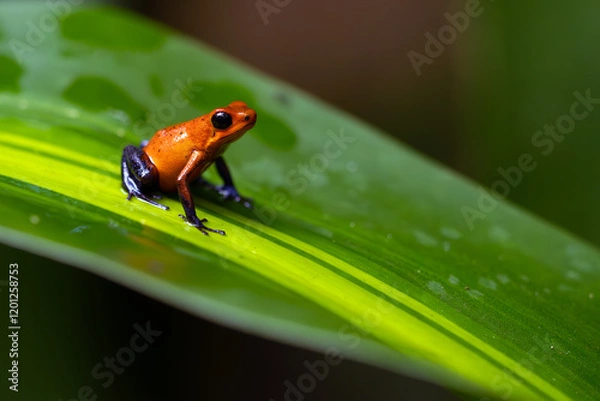 Fototapeta The strawberry poison frog, strawberry poison-dart frog or blue jeans poison frog, Oophaga pumilio, formerly Dendrobates pumilio sitting on a green leaf in a tropical rainforest.