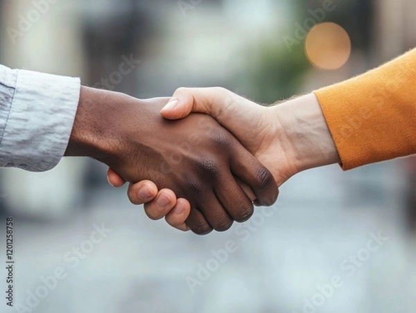 Fototapeta Close up shot of two hands shaking symbolizing agreement and collaboration