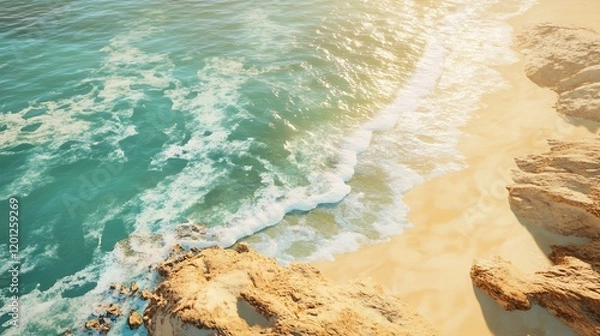 Fototapeta Aerial View of Turquoise Ocean Waves Crashing on Sandy Beach