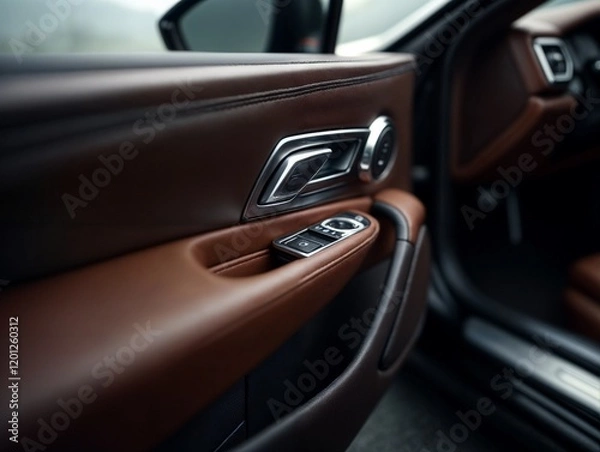 Obraz Luxury vehicle interior door handle and controls in soft brown leather at an overcast location