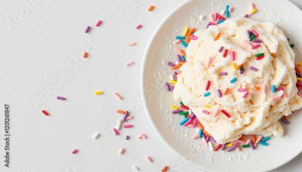 Fototapeta Plate of colorful rainbow sprinkles scattered on a white surface, bright joyful dessert setting