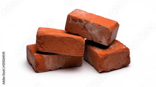 Fototapeta A small stack of four red bricks, arranged haphazardly on a white background