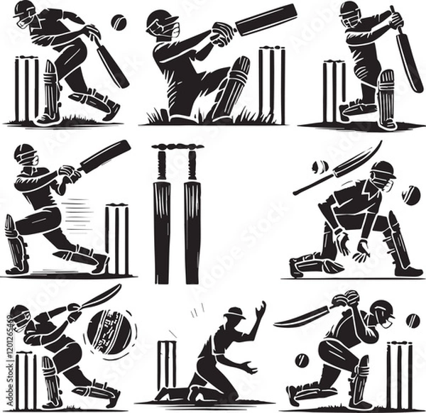 Fototapeta Black Color Cricket Silhouette Vector Illustration, Solid White Background
