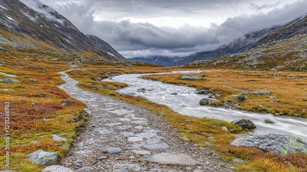 Fototapeta Mountain path alongside rushing stream, autumnal colors, dramatic sky