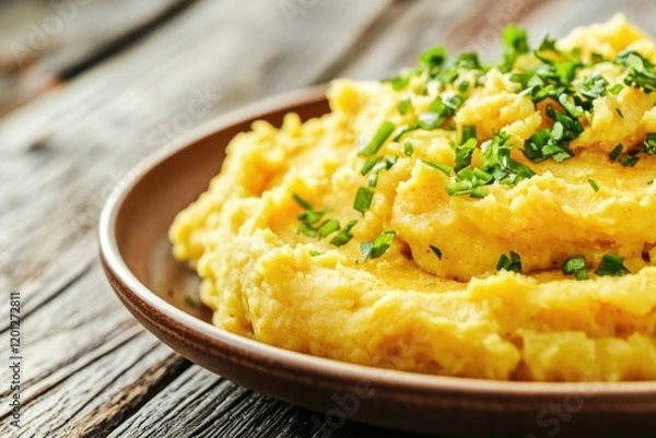 Fototapeta A plate of creamy mashed potatoes topped with fresh parsley