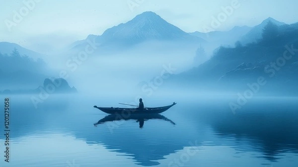 Fototapeta Solitary figure in a boat on a misty lake, mountains in the background.
