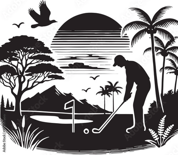 Obraz Black Color Golf Silhouette Vector Illustration, Solid White Background