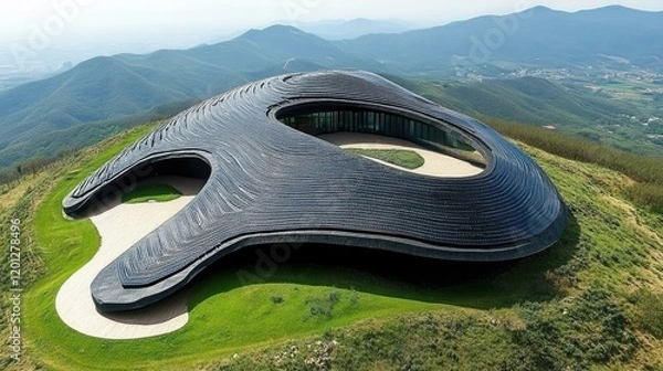 Fototapeta Modern, organic architecture nestled on a hillside, surrounded by lush greenery and mountains.