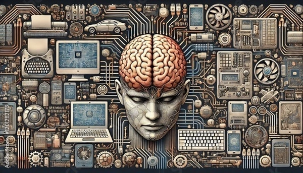 Fototapeta Illustration of a human head with exposed brain, surrounded by electronic devices and circuits, representing artificial intelligence and technology.
